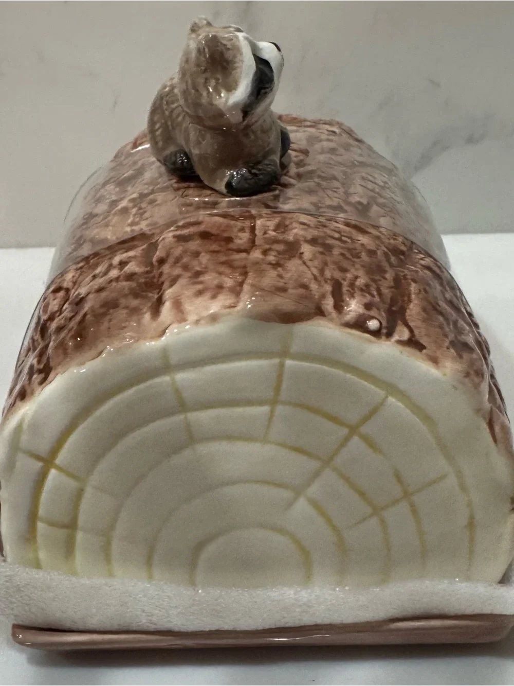 Large Heritage Harvest Fall Butter Dish w/Forest Raccoon on Log New